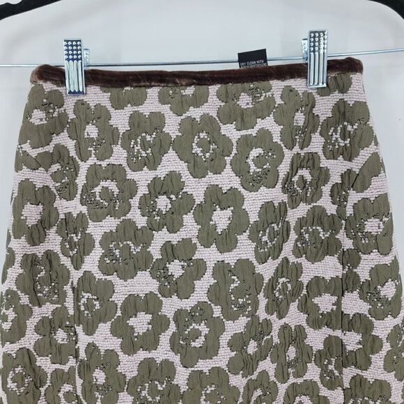 Etcetera Wool Silk Skirt Sz 0 Retro 60s Green Quilted Flower Kick Pleat Straight - Picture 5 of 8